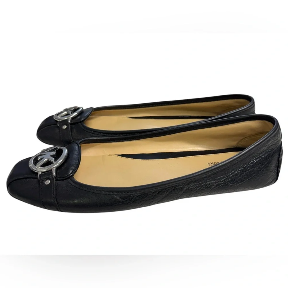 Michael Kors Black Leather Flats with Silver Logo Accent Size 9M